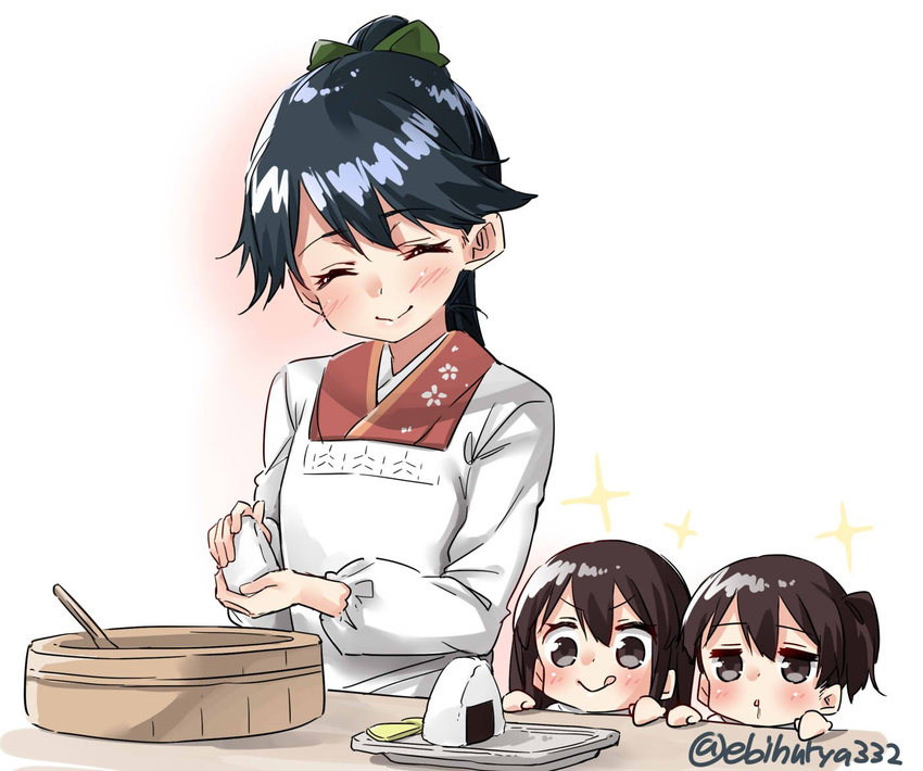 ^_^ akagi_(kantai_collection) black_hair closed_eyes drooling ebifurya food green_ribbon hair_ribbon houshou_(kantai_collection) japanese_clothes kaga_(kantai_collection) kantai_collection kappougi kimono long_hair multiple_girls ohitsu onigiri ponytail ribbon rice_spoon signature simple_background smile twitter_username upper_body white_background younger