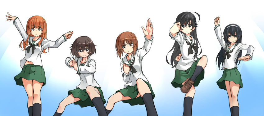 absurdres akiyama_yukari bangs black_hair black_legwear blunt_bangs brown_eyes brown_hair commentary_request fighting_stance girls_und_panzer gosei_sentai_dairanger gradient gradient_background green_skirt hairband highres isuzu_hana kneehighs long_hair multiple_girls nishizumi_miho ooarai_school_uniform oteruko_(wanabeee) parody pleated_skirt pose reizei_mako sailor_collar school_uniform serafuku short_hair skirt standing standing_on_one_leg super_sentai takebe_saori white_background white_hairband white_sailor_collar