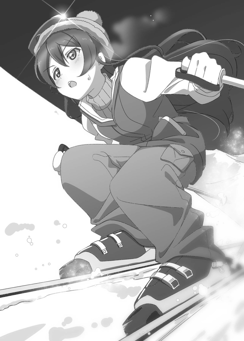 bangs blush commentary_request eyebrows_visible_through_hair gloves greyscale hair_between_eyes hat highres long_hair love_live! love_live!_school_idol_festival love_live!_school_idol_project miton_(turuyasann) monochrome open_mouth skiing skis snow solo sonoda_umi