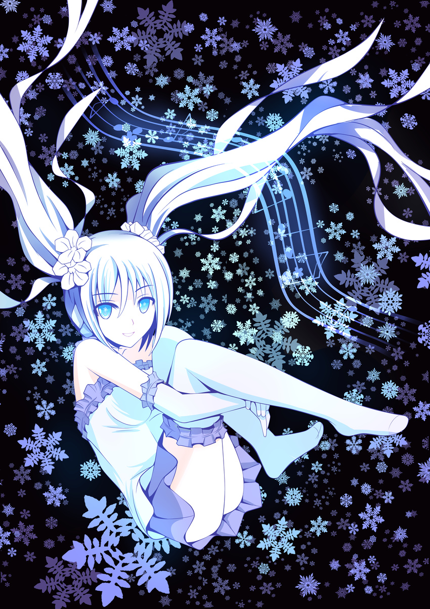 absurdres aqua_eyes bare_shoulders dress elbow_gloves frills gloves hair_ornament hatsune_miku highres langjiao leg_hug long_hair looking_at_viewer snowflakes solo strapless strapless_dress thighhighs twintails vocaloid white_hair yuki_miku