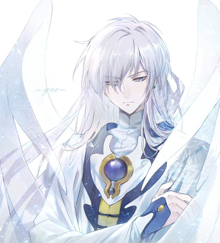 bangs blue_eyes cardcaptor_sakura character_name closed_mouth ekita_xuan eyebrows_visible_through_hair eyes_visible_through_hair hair_over_one_eye highres light_particles long_hair long_sleeves looking_at_viewer male_focus robe silver_hair solo upper_body white_robe wings yue_(ccs)