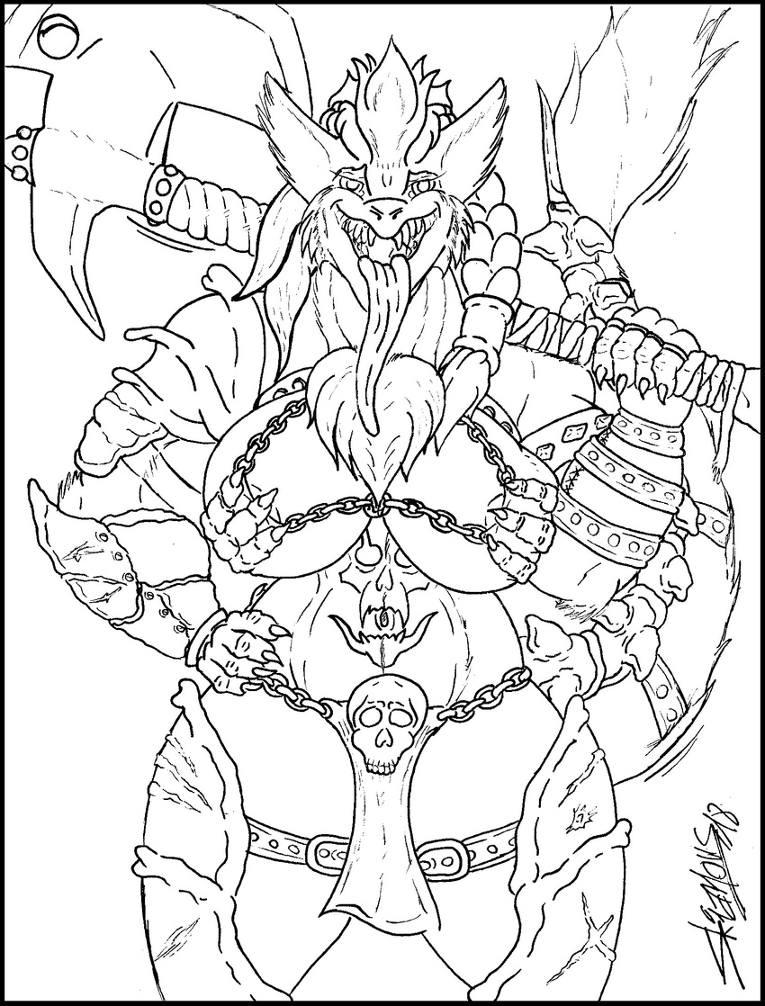 armor axe barbarian big_breasts bone breasts female looking_at_viewer melee_weapon morrigan_saberhagen sergal skianous skull tattoo voluptuous weapon wide_hips