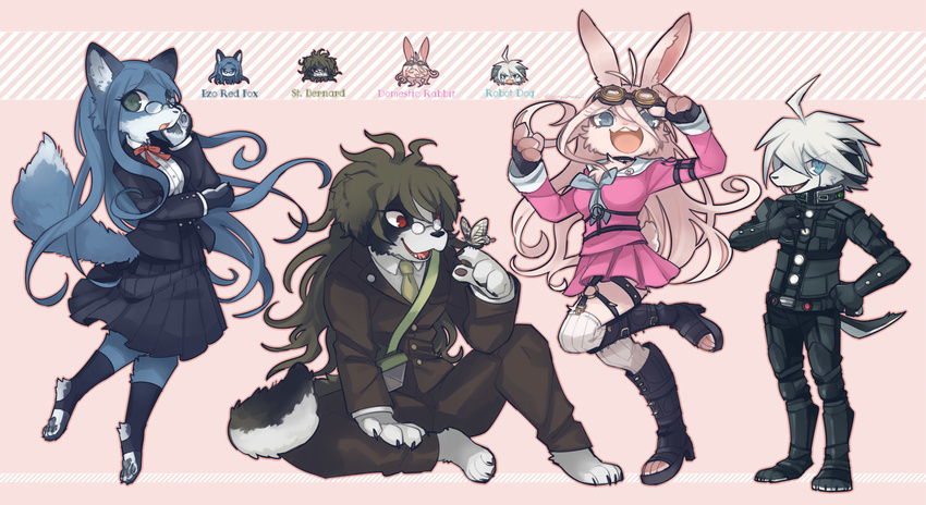 alternate_species anime arthropod black_fur blonde_hair blue_eyes blue_fur blue_hair boots butterfly canine cheek_tuft clothing cute danganronpa dog ear_tuft eyewear female footwear fox fur garter_belt garter_straps glasses goggles gonta_gokuhara green_eyes green_hair grey_fur group hair insect k1-b0 kemono lagomorph legwear male mammal miu_iruma multicolored_fur open_mouth pawpads paws pink_background rabbit red_eyes red_fox sailor_uniform saint_bernard silver_hair simple_background sitting spiky_hair stockings tsumugi_shirogane tuft two_tone_fur video_games white_fur yellow_fur ほんず丸