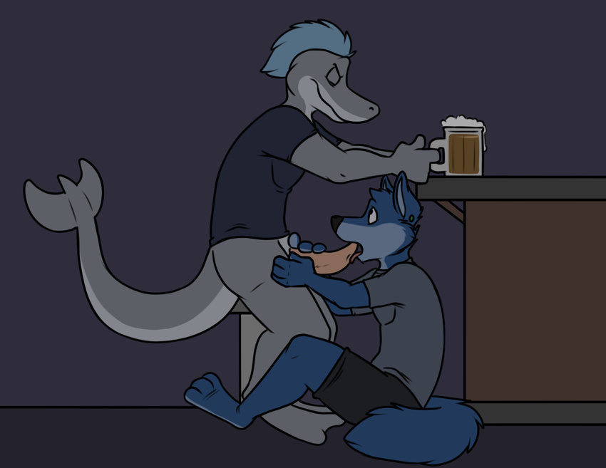 3_toes 4_fingers alcohol ambiguous_gender anthro anthro_on_anthro bar bar_stool beer beer_mug beverage black_bottomwear black_clothing black_nose black_topwear blue_countershading blue_fur blue_hair blue_tail bottomless canine cetacean cheek_tuft clothed clothing countershade_face countershade_tail countershade_torso countershading dolphin duo ear_piercing erection eyebrows eyes_closed full-length_portrait fully_clothed fur grey_background grey_countershading grey_skin grey_tail grey_topwear hair hand_on_leg head_tuft holding_object holding_penis inside interspecies licking looking_at_partner looking_up male male/ambiguous mammal marine multicolored_fur on_ground oral penis penis_lick piercing pink_penis portrait robbie rotten_robbie sex shirt short_hair shorts side_view simple_background sitting t-shirt tapering_penis toes tongue tongue_out tuft two_tone_fur two_tone_tail wolf