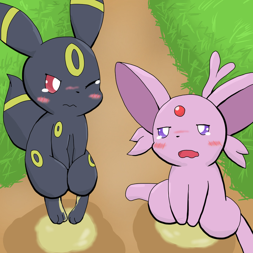 ambiguous_gender blush detailed_background duo eeveelution espeon half-closed_eyes nintendo nude omorashi open_mouth peeing pok&eacute;mon pok&eacute;mon_(species) tom_(artist) tongue umbreon urine urine_pool video_games watersports wetting