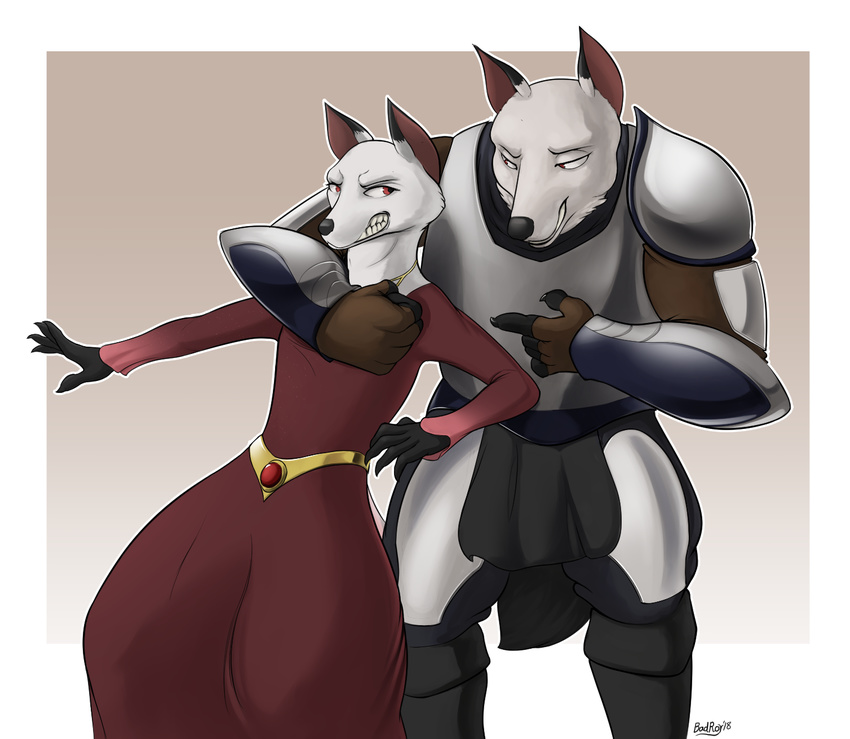 absarren angry anthro armlock armor badroy bared_teeth bent_over brother brother_and_sister canine claws clothing dress duo eye_contact female forced_smile fox fur gloves_(marking) jewelry male mammal markings nakhta necklace pointing prince princess red_eyes royalty sibling sister smile smug teasing teenager white_fur young