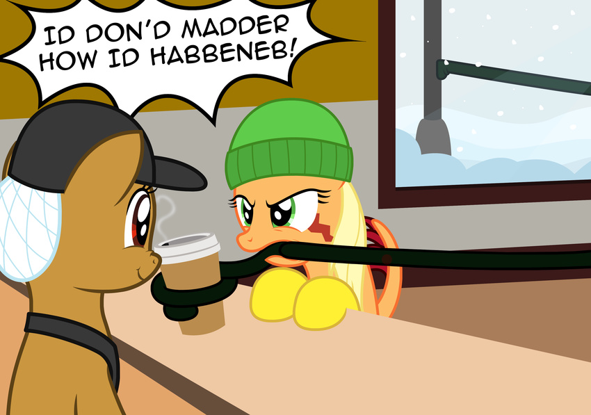 angry applejack_(mlp) apron badumsquish barista beverage boots clothing coffee coffee_shop cold dialogue embarrassed equine fan_character female footwear friendship_is_magic hairnet hat horse laugh long_tongue mammal my_little_pony pole pony shoes silly smile smirk snow tatzlpony tentacle_tongue tentacles tongue tongue_out tongue_stuck_to_pole window yelling