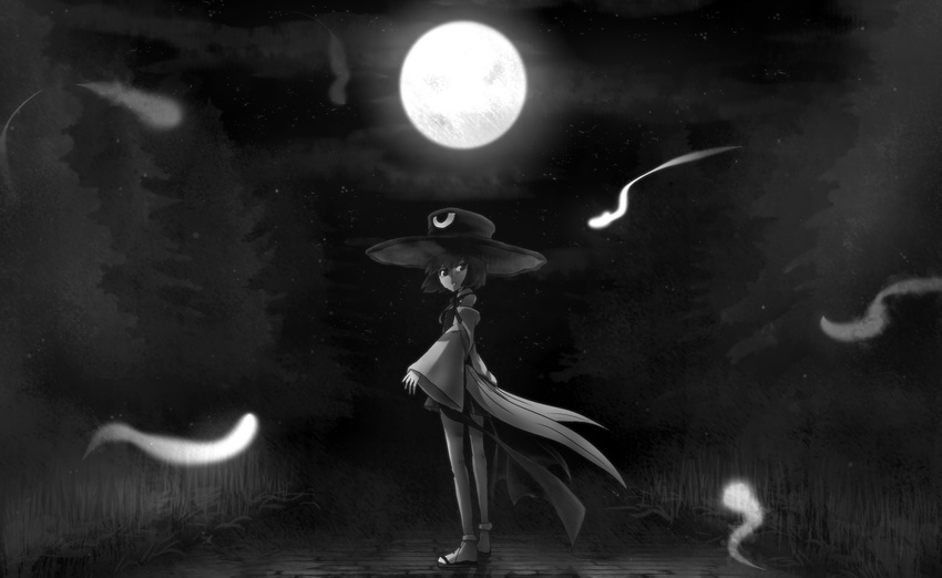 androgynous big_hat black_hair bow brilliant_pagoda_or_haze_castle detached_sleeves enraku_tsubakura geta ghost greyscale hat highres len'en lenk64 looking_back monochrome moon night night_sky ribbon short_hair shorts sky top_hat