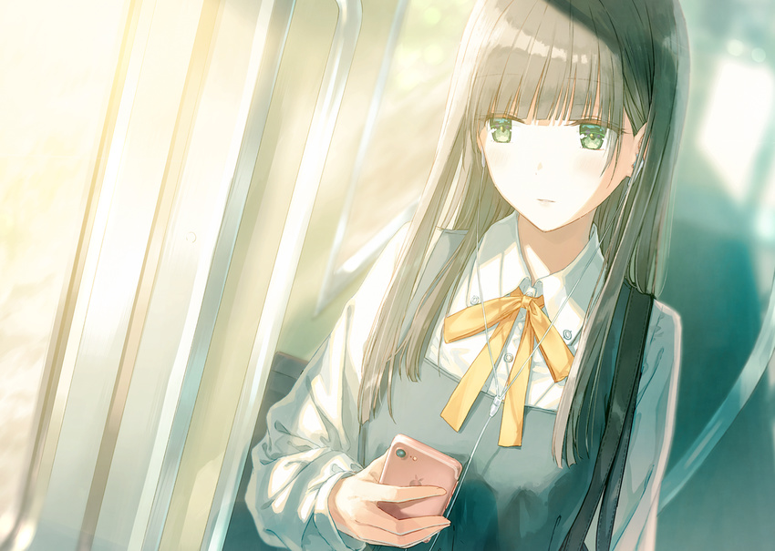 bag bangs black_hair blunt_bangs blush cellphone commentary dutch_angle earphones expressionless green_eyes ground_vehicle hiten_(hitenkei) holding holding_phone indoors long_hair long_sleeves looking_at_viewer original phone revision shoulder_bag smartphone solo straight_hair train upper_body