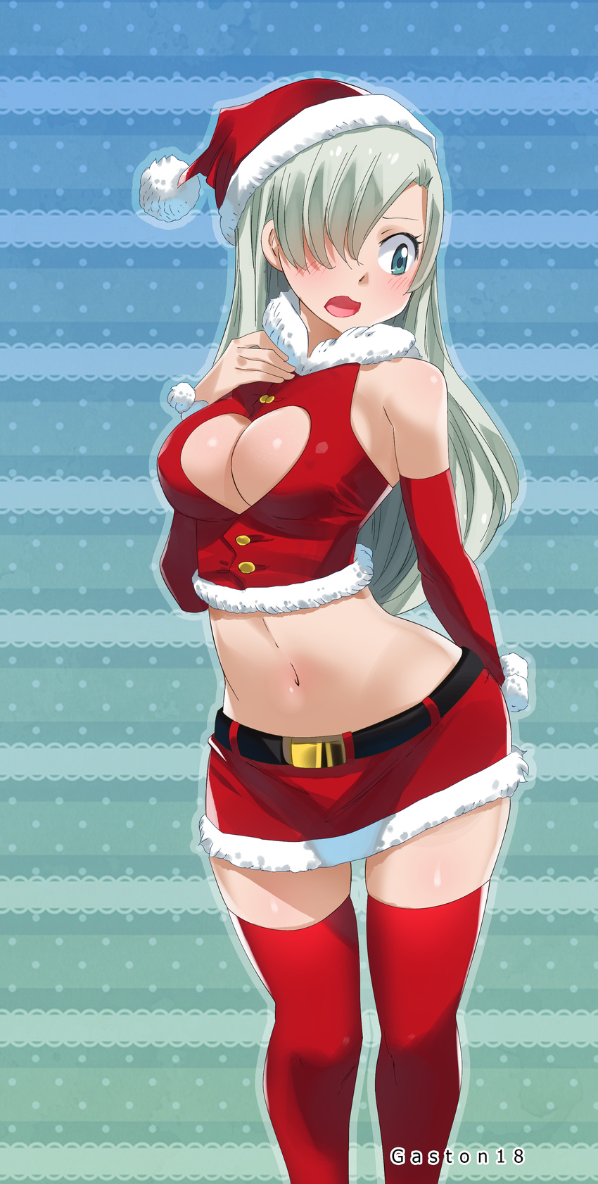 absurdres artist_name bangs bare_shoulders belt blue_eyes blush breasts christmas cleavage cleavage_cutout colorized covered_nipples covering covering_ass crop_top detached_sleeves elizabeth_liones embarrassed fur_trim gaston18 hair_over_one_eye hat heart_cutout highres large_breasts long_hair looking_back midriff miniskirt nanatsu_no_taizai navel no_bra open_mouth pom_pom_(clothes) red_hat red_legwear red_shirt red_skirt santa_costume santa_hat shirt silver_hair skirt solo stomach thighhighs very_long_hair zettai_ryouiki