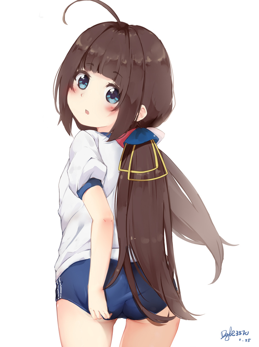 absurdres adjusting_buruma adjusting_clothes ass bad_id bad_pixiv_id bangs blue_buruma blue_eyes blush brown_hair buruma cameltoe commentary_request cowboy_shot dated dgle3370 eyebrows_visible_through_hair from_behind gym_shirt gym_uniform head_tilt highres hinatsuru_ai long_hair looking_at_viewer looking_back low_twintails parted_lips ryuuou_no_oshigoto! shirt short_sleeves signature simple_background solo twintails very_long_hair white_background white_shirt
