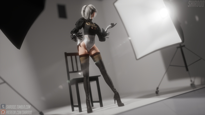 1girl 3d android black_dress black_hairband boots breasts closed_mouth covered_eyes dress gloves hairband high_heel_boots nier nier_automata patreon render short_hair silver_hair studio thighhighs tumblr yorha_no._2_type_b