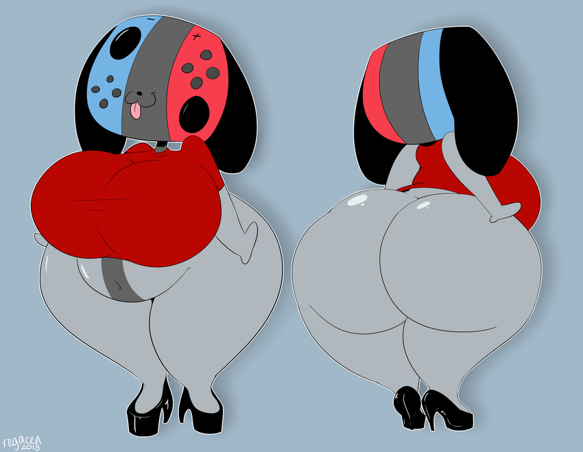 2018 absurd_res animate_inanimate anthro beady_eyes belly big_breasts big_butt bottomless breasts butt canine clothed clothing digital_media_(artwork) dog empty_eyes female floppy_ears footwear front_view hi_res high_heels huge_breasts huge_butt mammal multiple_images navel nintendo nintendo_switch rear_view regacen shirt shoes short_stack slightly_chubby smile solo standing switch_dog thick_thighs tongue tongue_out video_games wide_hips