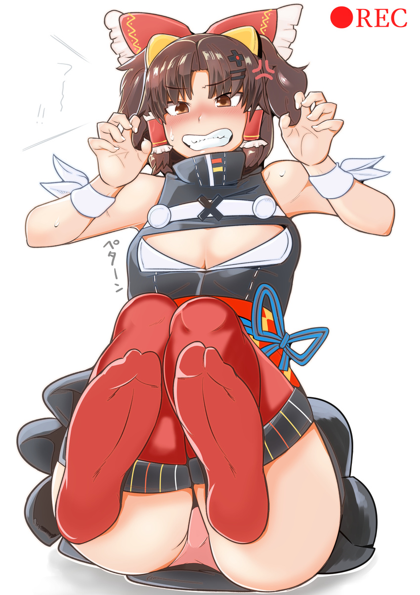 anger_vein angry bare_arms bare_shoulders benikurage black_dress blue_ribbon blush bow breasts brown_eyes brown_hair claw_pose cleavage cleavage_cutout clenched_teeth cookie_(touhou) cosplay dress eyebrows eyebrows_visible_through_hair feet fingernails frilled_bow frills full_body hair_bow hair_intakes hair_ornament hair_tubes hairclip hakurei_reimu hekiga_(freelot) highres horizontal_stripes kaguya_luna kaguya_luna_(character) kaguya_luna_(character)_(cosplay) knees_together_feet_apart legs_up looking_at_viewer nose_blush obi outline panties pantyshot pantyshot_(sitting) pink_panties recording red_bow red_legwear ribbon sash shadow short_dress short_hair simple_background sitting sleeveless sleeveless_dress small_breasts soles solo striped striped_ribbon sweat teeth thighhighs touhou tsurime turtleneck two_side_up underwear vertical_stripes virtual_youtuber white_background white_ribbon wrist_ribbon wristband x_hair_ornament