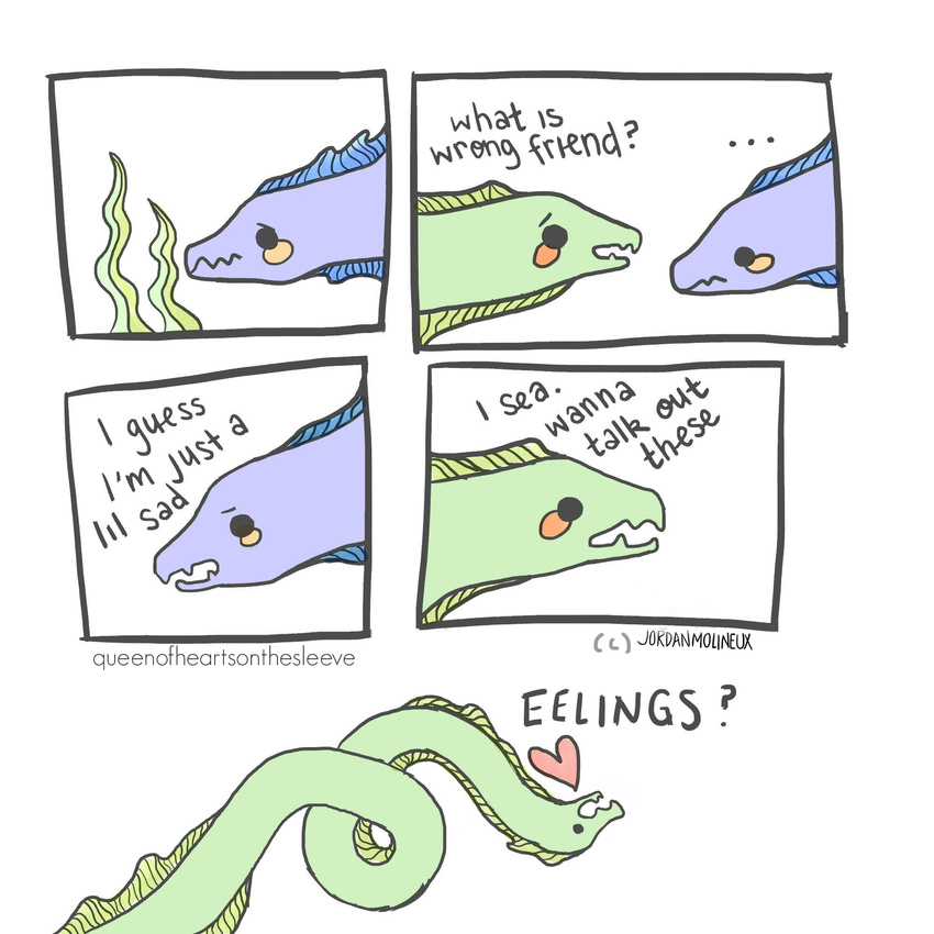 &lt;3 ... ambiguous_gender comic cute dialogue duo eel feral fish hi_res humor jordan_molinelix marine moray_eel pun seaweed serpentine simple_background text white_background