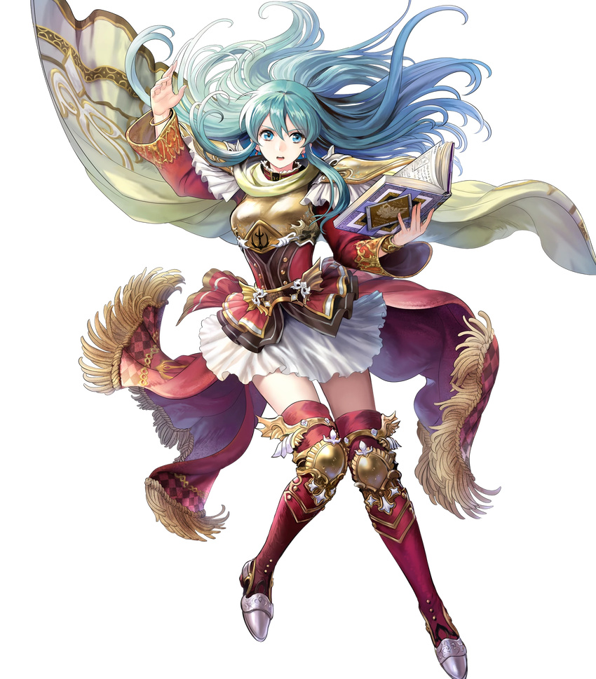 armor bangs blue_eyes blue_hair book boots bracelet breastplate cape detached_sleeves earrings eirika fire_emblem fire_emblem:_seima_no_kouseki fire_emblem_heroes full_body highres holding jewelry long_hair long_sleeves mayachise official_art open_book open_mouth pleated_skirt red_footwear shoulder_armor shoulder_pads sidelocks skirt solo standing thigh_boots thighhighs transparent_background white_skirt zettai_ryouiki