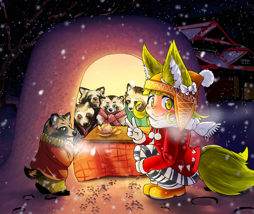 absurdres animal animal_ears bangs blonde_hair blunt_bangs blush boots breath clothed_animal commentary_request doitsuken ears_through_headwear fang_out food fox_child_(doitsuken) fox_ears fox_tail fruit gloves hat highres jacket kotatsu looking_at_viewer mandarin_orange multiple_tails night original outdoors pants paw_print quinzhee red_jacket scarf short_hair smile snow snow_shelter snowing squatting striped striped_pants table tail tanuki two_tails v white_gloves white_scarf yellow_eyes yellow_footwear