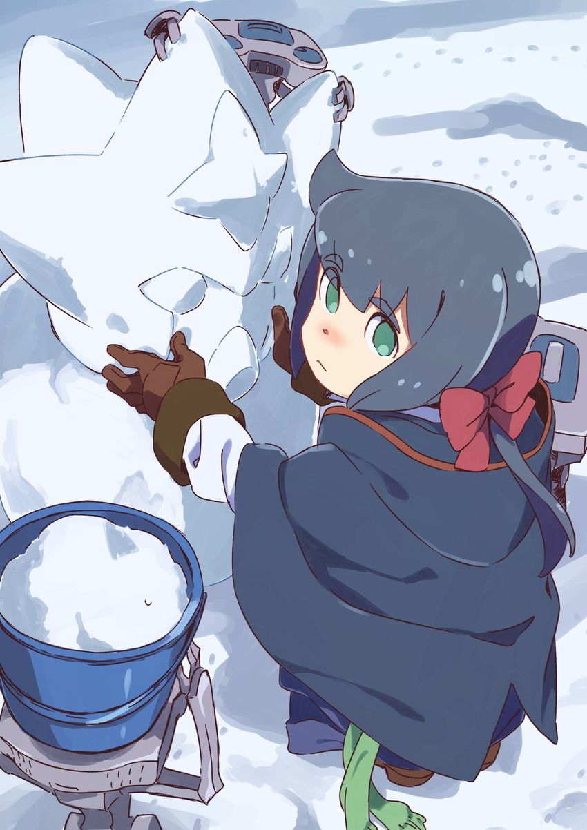 bangs blue_cape blue_hair blush brown_footwear brown_gloves bucket cape closed_mouth commentary_request constanze_amalie_von_braunschbank-albrechtsberger eyebrows_visible_through_hair fur_trim gloves green_eyes hair_ribbon highres little_witch_academia long_sleeves looking_at_viewer looking_back mecha nose_blush ponytail red_ribbon ribbon robot shoes snow snowman squatting tama_(tama-s) thick_eyebrows