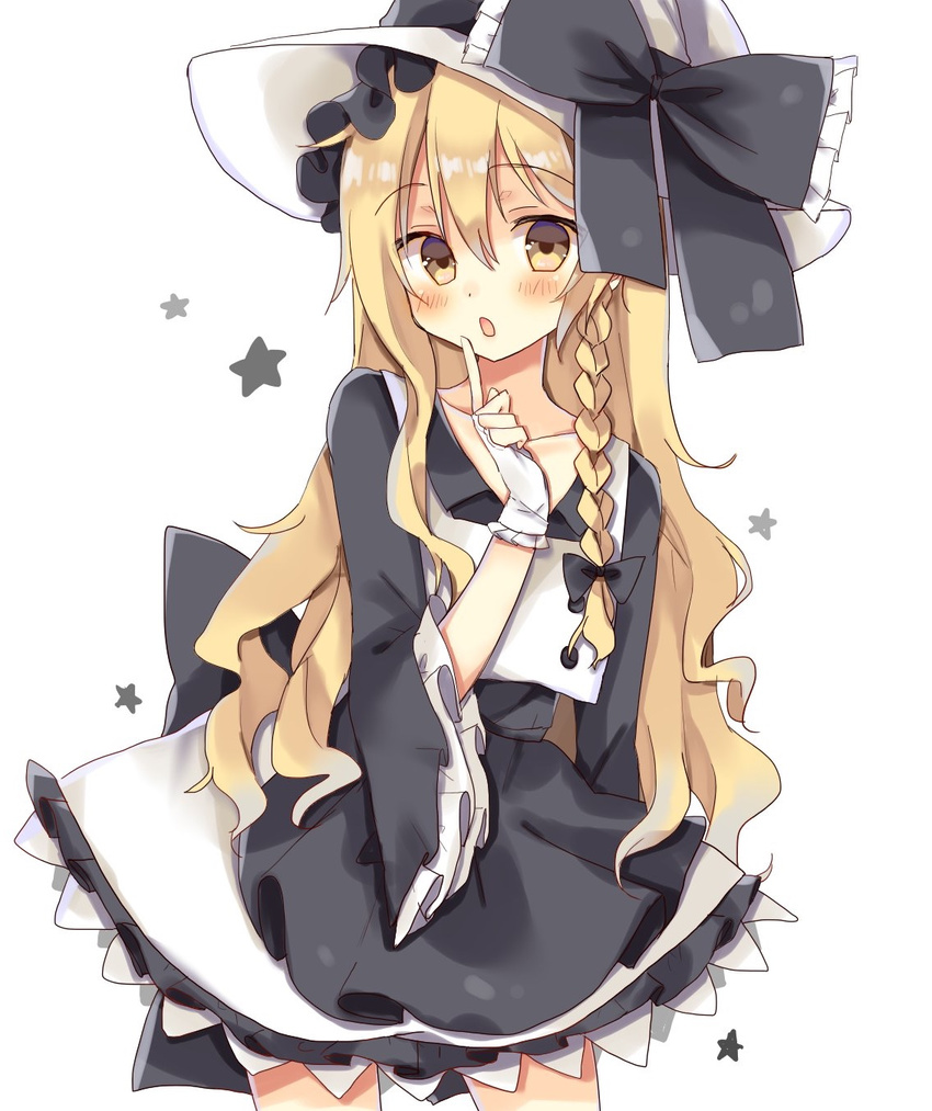 :o apron blouse bow collared_shirt commentary_request fingerless_gloves gloves hat hat_bow hat_ribbon highres inverted_colors kirisame_marisa long_hair multiple_girls ribbon shirt skirt skirt_set touhou very_long_hair waist_apron wavy_hair white_gloves white_hat witch_hat yorurumo