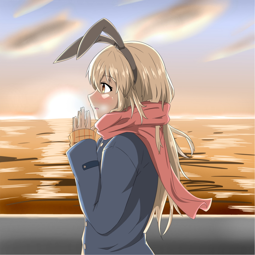 alternate_costume alternate_hairstyle black_hairband blonde_hair blue_coat blush brown_eyes cloud coat commentary_request eyebrows_visible_through_hair from_side hairband highres kantai_collection long_hair long_sleeves looking_afar ocean open_mouth orange_sweater pink_scarf sakuramai_(sakuramai_0525) scarf shimakaze_(kantai_collection) sleeves_past_wrists solo sunset sweater tareme walking warming_hands water wind wind_lift