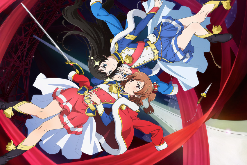 aijou_karen belt black_footwear black_hair blue_eyes boots brown_eyes brown_hair crown eye_contact hair_ornament highres kagura_hikari key_visual long_hair long_sleeves looking_at_another mini_crown miniskirt multiple_girls official_art pelisse pleated_skirt saber_(weapon) short_hair shoujo_kageki_revue_starlight skirt sparkle_hair_ornament sword twintails weapon