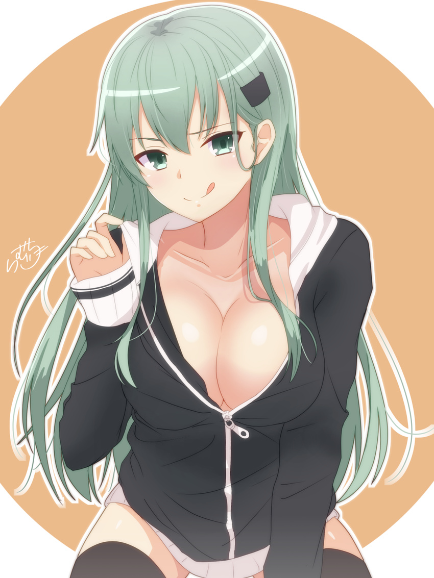 :d aqua_eyes aqua_hair black_legwear breasts cleavage collarbone hair_ornament hairclip highres hood hooded_track_jacket jacket kantai_collection large_breasts long_hair long_sleeves looking_at_viewer open_mouth ramchi signature smile solo suzuya_(kantai_collection) thighhighs track_jacket zipper