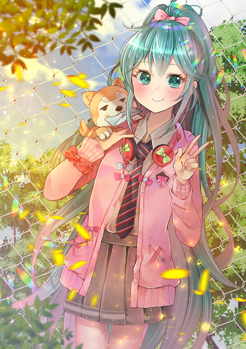ahoge alternate_costume alternate_hairstyle animal animal_on_shoulder aqua_eyes aqua_hair black_neckwear blazer blue_sky blush bow brown_skirt chain-link_fence closed_mouth cloud collared_shirt cowboy_shot day dog dutch_angle emblem fence grey_shirt hair_bow hand_on_own_chest hatsune_miku headphones headphones_around_neck highres jacket letter long_hair long_sleeves looking_at_viewer love_letter motion_blur mouth_hold narami necktie open_blazer open_clothes open_jacket outdoors petals pink_bow pink_jacket pleated_skirt ponytail project_diva_(series) red_bow ribbon_girl_(module) school_uniform shirt skirt sky smile solo standing striped striped_neckwear thigh_gap tree unbuttoned v very_long_hair vocaloid wing_collar wrist_bow
