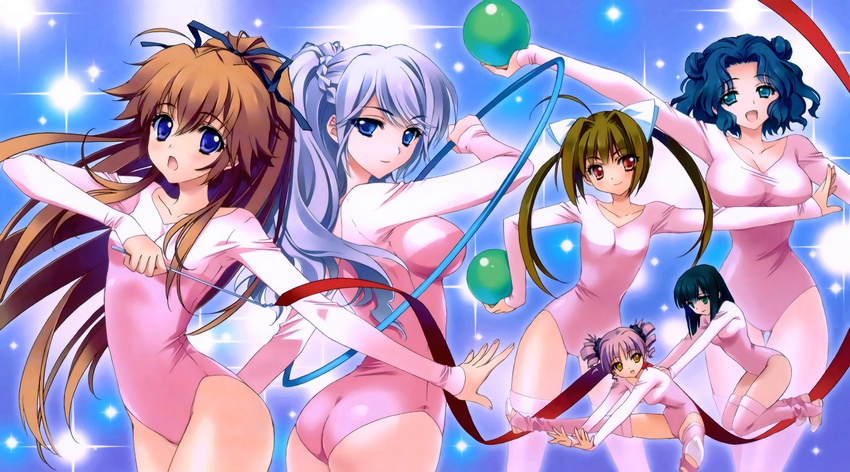 5girls ahoge ass ball black_hair blue_eyes blue_hair braid brown_hair carnelian double_bun drill_hair exercise_ball french_braid green_eyes gymnast_leotard gymnastics_ribbon hair_intakes hair_ribbon hakuhouin_ryouko hands_on_another's_back high_ponytail holding holding_ball houjouji_mikoto kanzaki_mio lavender_hair leotard long_hair long_sleeves looking_at_viewer mix! multiple_girls open_mouth otoko_no_ko pink_hair pink_legwear pink_leotard red_eyes ribbon rokujou_maaya shishidou_nuko smile stirrup_legwear stretch suwa_ranmaru thighhighs toeless_legwear twintails