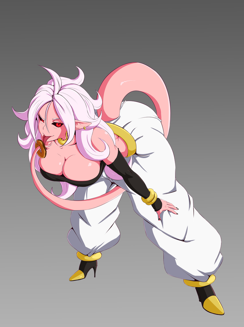 absurdres android_21 black_sclera breasts cleavage doughnut dragon_ball dragon_ball_fighterz food harem_pants high_heels highres kikoshou large_breasts leaning_forward looking_at_viewer majin_android_21 messy_hair pants pink_skin red_eyes smile solo tail tongue tongue_out