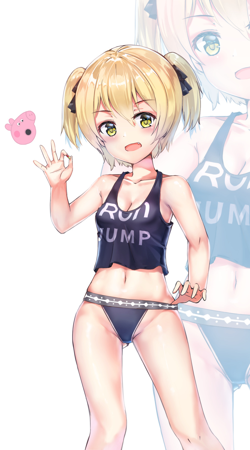 :d absurdres ass_visible_through_thighs bangs big_head black_bikini_bottom black_ribbon blonde_hair blush breasts cleavage collarbone contrapposto eyebrows_visible_through_hair fang hair_between_eyes hair_ribbon highres li_xuejun looking_at_viewer medium_breasts navel open_mouth original peppa_pig pill ribbon short_hair short_twintails smile solo tank_top twintails yellow_eyes zoom_layer