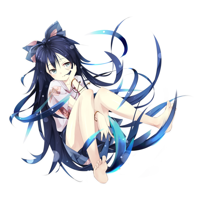 bangle bangs bare_legs barefoot between_legs blue_bow blue_eyes blue_hair blue_skirt bow bracelet debt drawstring expressionless full_body gorilla_(bun0615) hair_bow hand_between_legs highres hood hoodie jewelry long_hair looking_at_viewer miniskirt short_sleeves simple_background skirt solo touhou very_long_hair white_background yorigami_shion