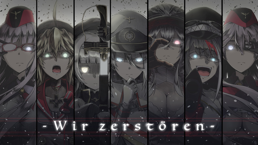 absurdres adjusting_eyepatch admiral_hipper_(azur_lane) ahoge aqua_eyes azur_lane bangs beret black_gloves black_hair black_hat blonde_hair blue_eyes blunt_bangs breasts buttons choker cleavage closed_mouth commentary_request crossed_bangs deutschland_(azur_lane) disgust drawing_sword earrings expressionless eyebrows_visible_through_hair eyepatch eyes_visible_through_hair floating_hair fur_trim garrison_cap glasses gloves glowing glowing_eyes gneisenau_(azur_lane) goggles goggles_on_headwear graf_zeppelin_(azur_lane) green_eyes gun hair_between_eyes hair_ornament half-closed_eyes hand_on_own_chin hat highres holding holding_gun holding_sword holding_weapon iron_cross jacket jewelry large_breasts light_particles long_hair looking_at_viewer military military_uniform mole mole_under_eye multicolored multicolored_clothes multicolored_gloves multicolored_hair multicolored_jacket multiple_girls muted_color open_mouth parka_(summersketch) peaked_cap pointing pointing_at_viewer reaching_out red-framed_eyewear red_eyes red_hair scharnhorst_(azur_lane) serious shaded_face sheath short_hair sidelocks silver_hair smile streaked_hair sword teeth tirpitz_(azur_lane) tongue translated two_side_up uniform unsheathing very_long_hair weapon white_gloves wind yellow_eyes z46_(azur_lane)