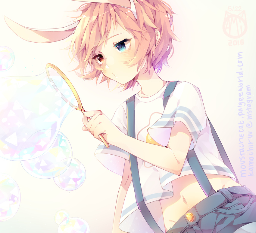 animal_humanoid big_ears blowing_bubbles blue_eyes brown_hair clothed clothing crop_top hair heterochromia holding_object humanoid kamochiruu lagomorph male mammal midriff overalls rabbit_humanoid red_eyes shirt simple_background soap_bubble solo standing white_background
