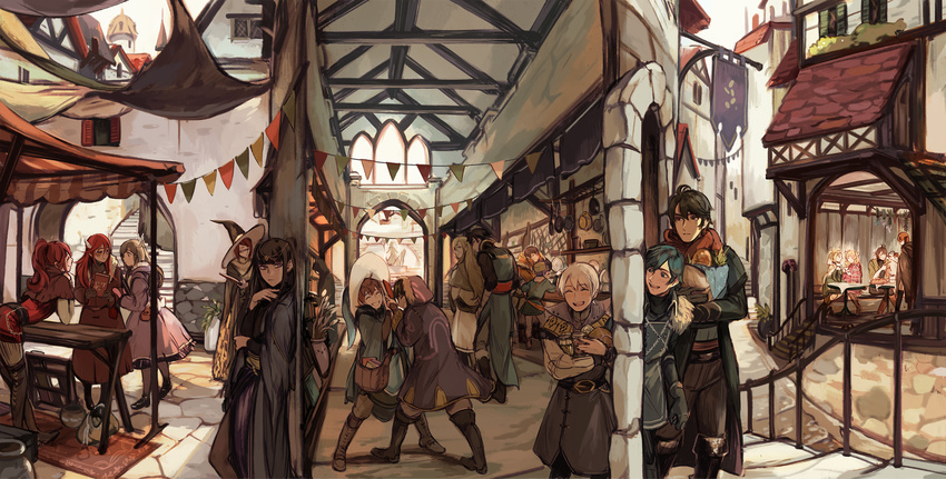 6+girls against_wall anna_(fire_emblem) bag callum_(fire_emblem) casual city coat commentary donny_(fire_emblem) fire_emblem fire_emblem:_kakusei frederik_(fire_emblem) gaia_(fire_emblem) hat henry_(fire_emblem) highres katy_ho krom liz_(fire_emblem) mariabel_(fire_emblem) miriel_(fire_emblem) multiple_boys multiple_girls my_unit_(fire_emblem:_kakusei) panorama richt_(fire_emblem) ronku shopping shopping_bag smile solt_(fire_emblem) sumia tharja tiamo walking witch_hat