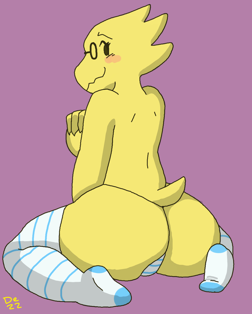 alphys anthro blush butt clothing dezz eyewear female g-string glasses hi_res legwear lizard looking_back panties reptile scalie simple_background socks solo thigh_highs undertale underwear video_games