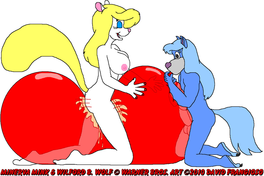 animaniacs anthro balloon balloon_fetish breasts canine cum david_frangioso female female_ejaculation foreplay grinding inflation male mammal minerva_mink mink mustelid nipples penis plain_background pussy_juice were werewolf white_background wilford_wolf