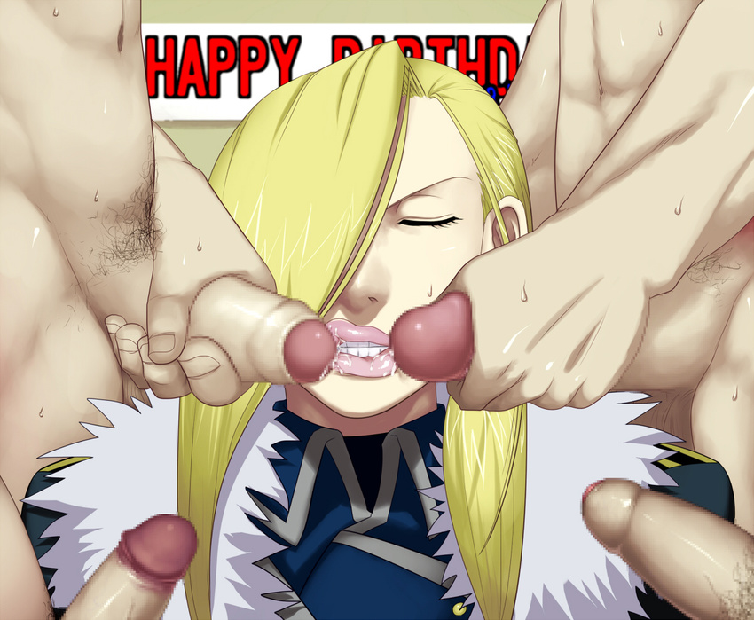 1girl 4boys blonde_hair blue_eyes camcorder censored clenched_teeth cum eyes_closed facial fellatio female foreskin fullmetal_alchemist gangbang group_sex hair_over_one_eye highres lips long_hair military military_uniform multiple_boys nude olivier_milla_armstrong olivier_mira_armstrong oral penis precum pubic_hair sawao standing sweat teeth uniform