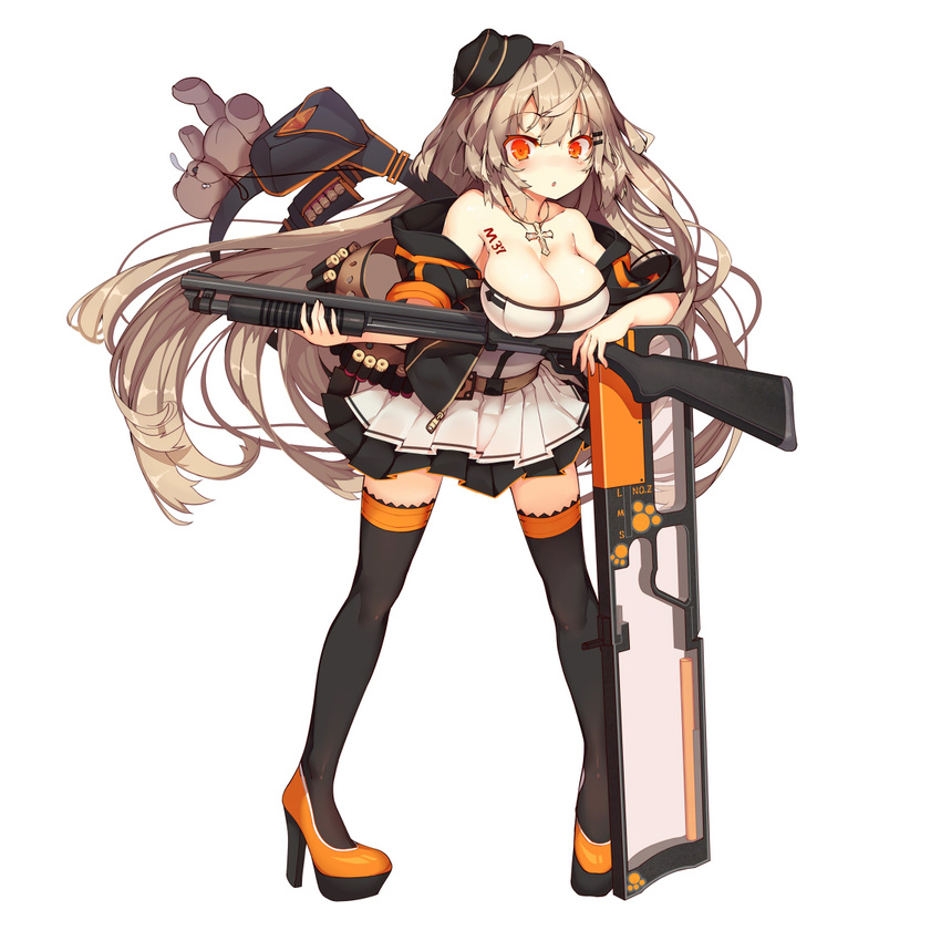 :o ahoge armpit_crease bag bangs belt black_hat black_legwear blush body_writing breasts buckle character_name cleavage commentary cross cross_necklace elbow_rest floating_hair full_body girls_frontline gun hair_between_eyes hair_ornament hairclip hanging_breasts hat high_heels holding holding_gun holding_weapon ithaca_m37 ithaca_m37_(girls_frontline) jacket jewelry large_breasts long_hair looking_at_viewer necklace off_shoulder official_art open_clothes open_jacket open_mouth paw_print_pattern platform_footwear platform_heels pleated_skirt pump_action rain_lan red_eyes shield shotgun shotgun_shells sidelocks skirt solo standing strap stuffed_animal stuffed_toy teddy_bear thighhighs unzipped weapon zipper zipper_pull_tab