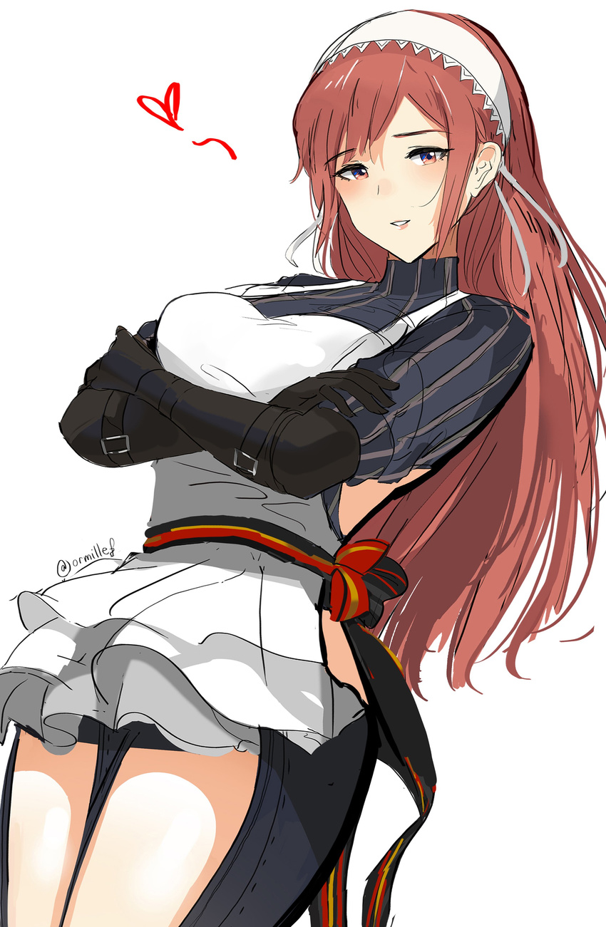 absurdres apron armor artist_name backless_outfit breasts curvy fire_emblem fire_emblem:_kakusei gloves hairband heart highres large_breasts lips long_hair looking_at_viewer ormille parted_lips pink_hair red_eyes red_hair serge_(fire_emblem) smile solo thighs turtleneck wide_hips