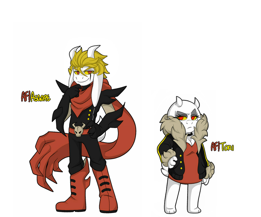 alterfell alternate_universe altertale anthro asgore_(underfell) asgore_dreemurr boots boss_monster breasts caprine cleavage clothed clothing duo female footwear friisans fur gloves goat hoodie male mammal scarf simple_background toriel toriel_(underfell) underfell undertale video_games white_background white_fur
