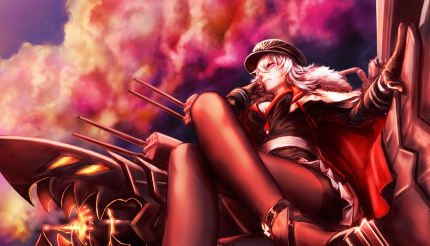 azur_lane belt black_gloves black_legwear bra breasts buttons cannon cape charging_(attack) cleavage cloud cloudy_sky commentary_request crossed_legs dusk eyebrows_visible_through_hair eyes_visible_through_hair from_below fur-trimmed_cape fur_trim gloves graf_zeppelin_(azur_lane) hair_between_eyes hand_on_own_face hat iron_cross jacket large_breasts long_hair looking_at_viewer machinery military military_uniform outdoors pantyhose peaked_cap purple_sky red_eyes rigging shinachiku_(uno0101) silver_hair skirt sky solo turret underwear uniform white_bra white_hair