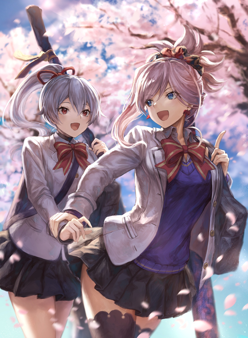 :d bag bangs black_legwear black_skirt blue_eyes blue_sweater blurry blurry_background bow bowtie cherry_blossoms day detached_sleeves duffel_bag earrings eyebrows_visible_through_hair fate/grand_order fate_(series) grey_jacket hair_ornament hair_scrunchie high_ponytail highres holding_hands index_finger_raised jacket jewelry long_hair long_sleeves looking_at_viewer looking_back mashu_003 miniskirt miyamoto_musashi_(fate/grand_order) multiple_girls open_clothes open_jacket open_mouth outdoors pink_hair red_bow red_eyes red_neckwear red_ribbon ribbon school_uniform scrunchie skirt smile sun sunlight sweater swept_bangs thighhighs tomoe_gozen_(fate/grand_order) tree unbuttoned weapon_bag zettai_ryouiki