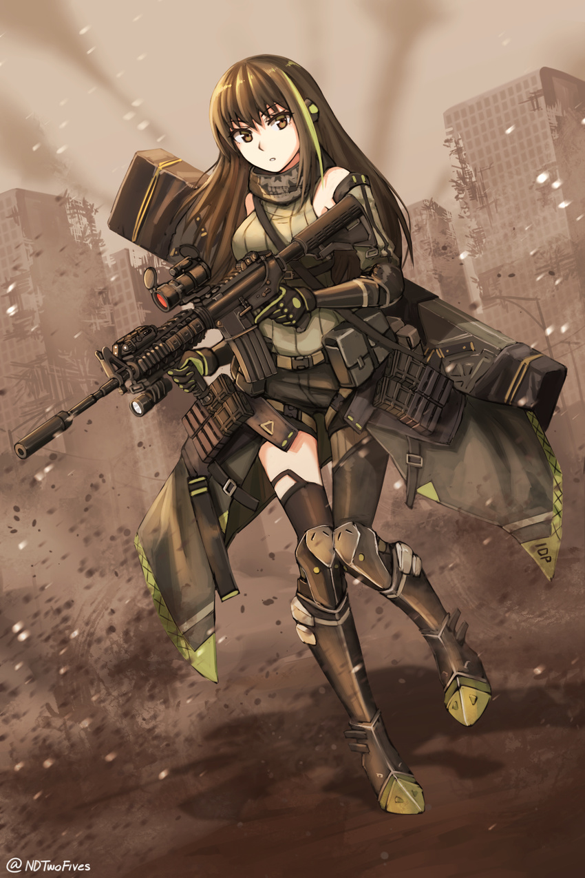 ammunition_pouch assault_rifle asymmetrical_legwear balaclava bangs black_hair breasts brown_eyes building camouflage_jacket carrying_over_shoulder case clothes_around_waist commentary_request detached_sleeves dirt eyebrows_visible_through_hair foregrip girls_frontline gloves green_hair gun highres holding holding_gun holding_strap holding_weapon jacket_around_waist knee_pads large_breasts long_hair m4_carbine m4a1_(girls_frontline) mod3_(girls_frontline) multicolored_hair ndtwofives pouch ribbed_legwear ribbed_shirt rifle ruins scope shirt shorts single_thighhigh solo strap streaked_hair suppressor thighhighs trigger_discipline twitter_username weapon