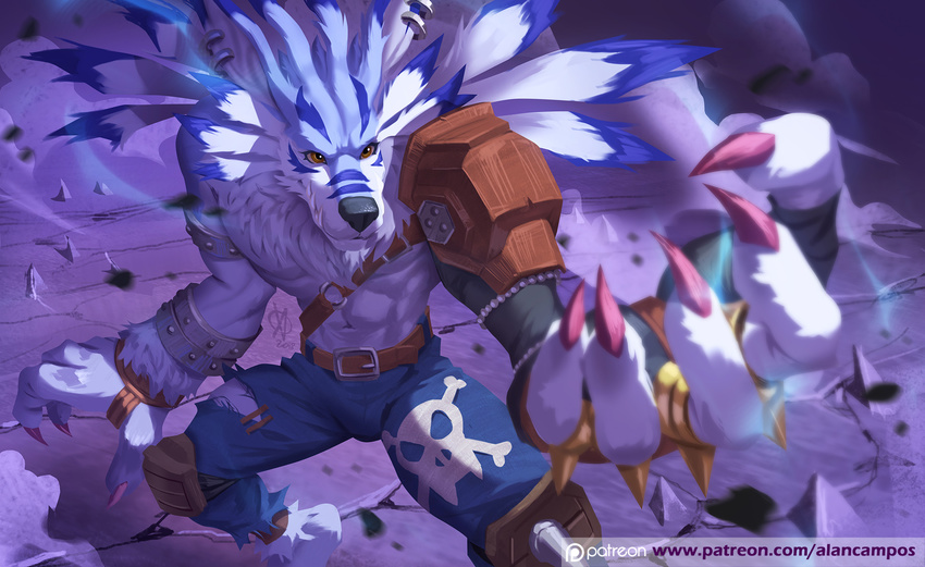 5_fingers alanscampos black_nose brown_eyes claws clothed clothing detailed_background digimon digital_media_(artwork) male pants solo standing topless weregarurumon