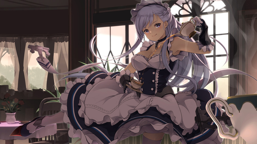 :&gt; azur_lane belfast_(azur_lane) blush braid breasts chain chair choker closed_mouth cup curtains day decantering dress flower head_tilt highres holding indoors large_breasts lavender_hair long_hair looking_at_viewer maid_headdress plant potted_plant pouring purple_eyes saucer shoes smile solo standing standing_on_one_leg steam table teacup teapot v-shaped_eyebrows very_long_hair white_legwear window yoshino_ryou