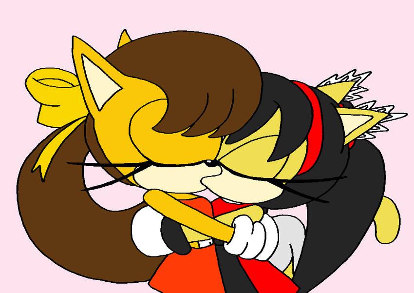 anthro black_hair blush body_holding brown_hair cat clothing duo eyelashes eyes_closed feline female female/female fur girl/girl hair hairband honey_the_cat kissing mammal manx manx_cat sammychan816 simple_background sonic_(series) sonic_x-treme tiara_boobowski video_games yellow_fur