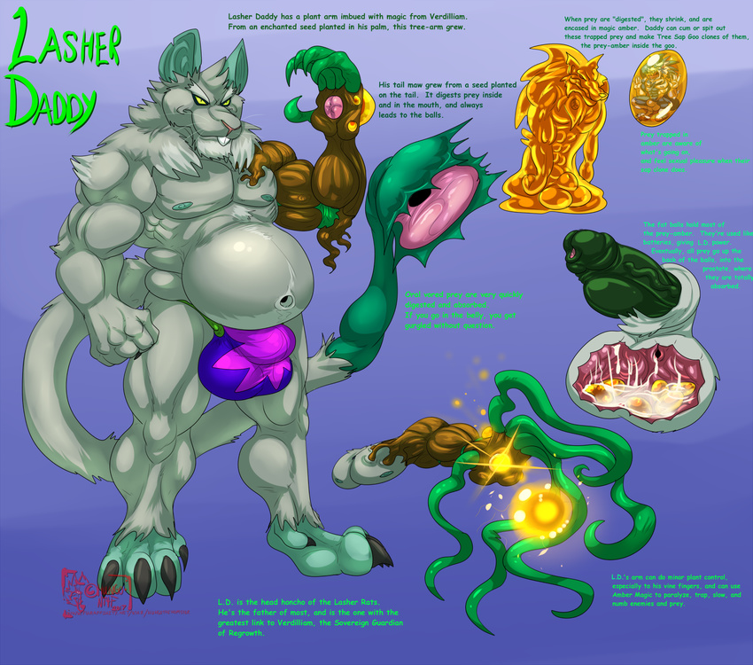 2017 4_toes 5_fingers abs age_difference animal_genitalia anthro balls belly biceps big_balls big_belly bulge darkstalkers egg english_text erection fist green_eyes green_penis green_skin grey_hair grey_skin hair hungothenomster jon_talbain lasher_daddy lasher_rat male mammal model_sheet musclegut muscular muscular_male neck_tuft nipples older_male penis rat rodent sheath simple_background solo standing text toes tuft vein video_games vore whiskers
