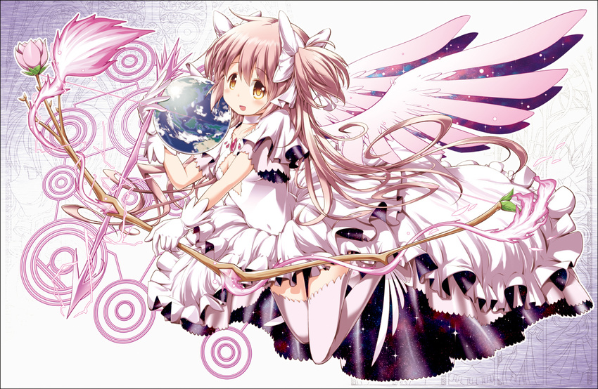 arrow blush bow_(weapon) breasts chauke cleavage_cutout collar commentary_request dress eyebrows_visible_through_hair flower globe gloves hair_between_eyes hair_ribbon holding holding_weapon kaname_madoka long_hair looking_at_viewer magic_circle magical_girl mahou_shoujo_madoka_magica md5_mismatch open_mouth pink_hair ribbon rose small_breasts solo two_side_up ultimate_madoka weapon white_dress white_gloves white_legwear wings yellow_eyes