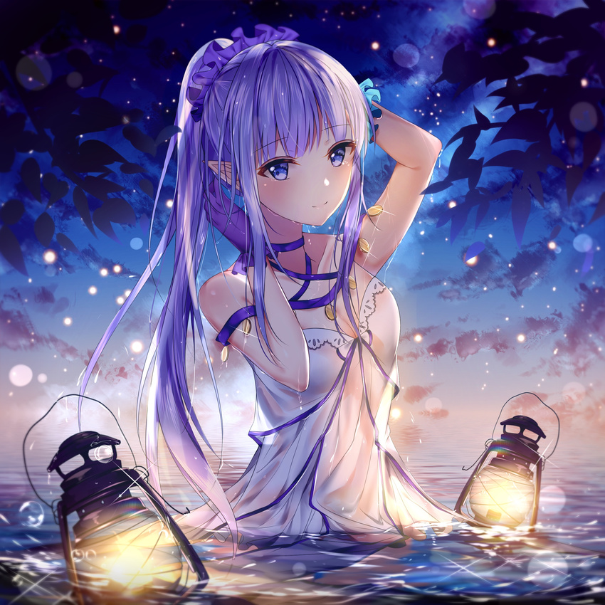 absurdres afloat_lantern arm_behind_head bangs blue_scrunchie blush breasts caster_lily choker cleavage closed_eyes commentary eyebrows_visible_through_hair fate/grand_order fate_(series) gloves highres junpaku_karen lamp lens_flare light_particles long_hair looking_at_viewer night night_sky outdoors partially_submerged pointy_ears ponytail purple_eyes purple_gloves purple_hair scrunchie sky small_breasts smile solo wrist_scrunchie