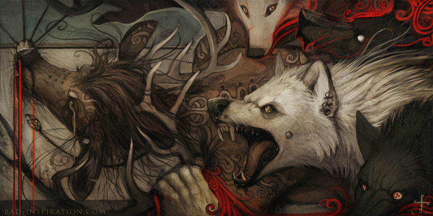 anthro antlers blood canine cervine crying death deer ear_piercing facial_piercing horn invalid_tag jewelry mammal necklace nose_piercing open_mouth painting_(artwork) piercing simul snarling symbolism tears traditional_media_(artwork) wolf